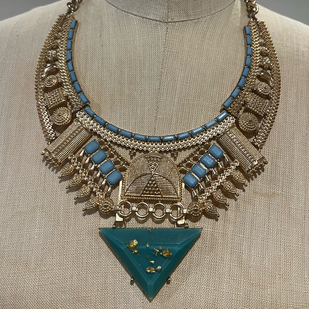 Steve Madden Statement Necklace Bold Gold and Turquoise Toned Summer Boho Cruise